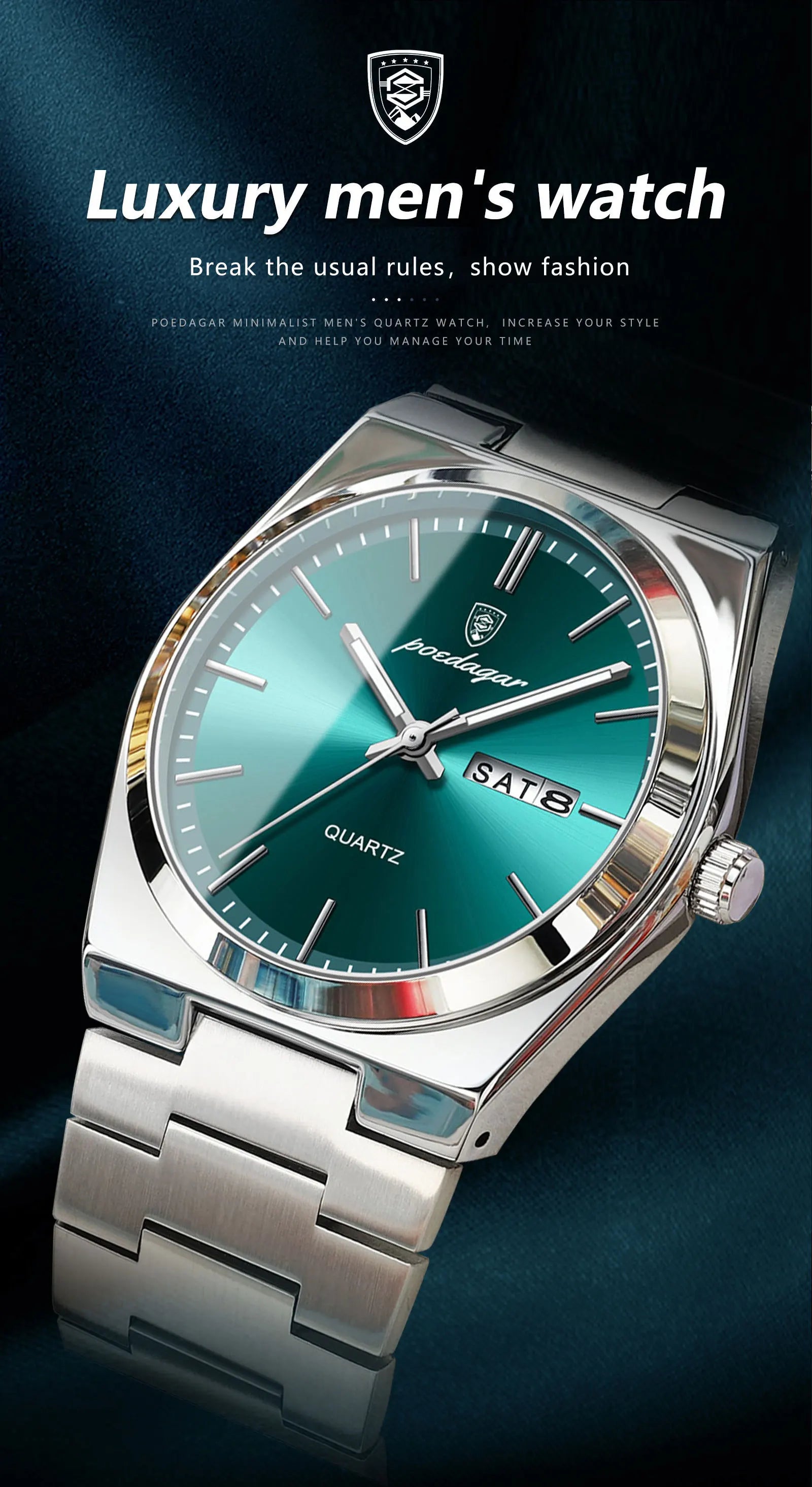 POEDAGAR Luxus Herrenuhren Wasserdicht Leuchtende Datumsanzeige Wochentag Herrenuhr Edelstahl Casual Mode Quarz Herren Armbanduhr Reloj