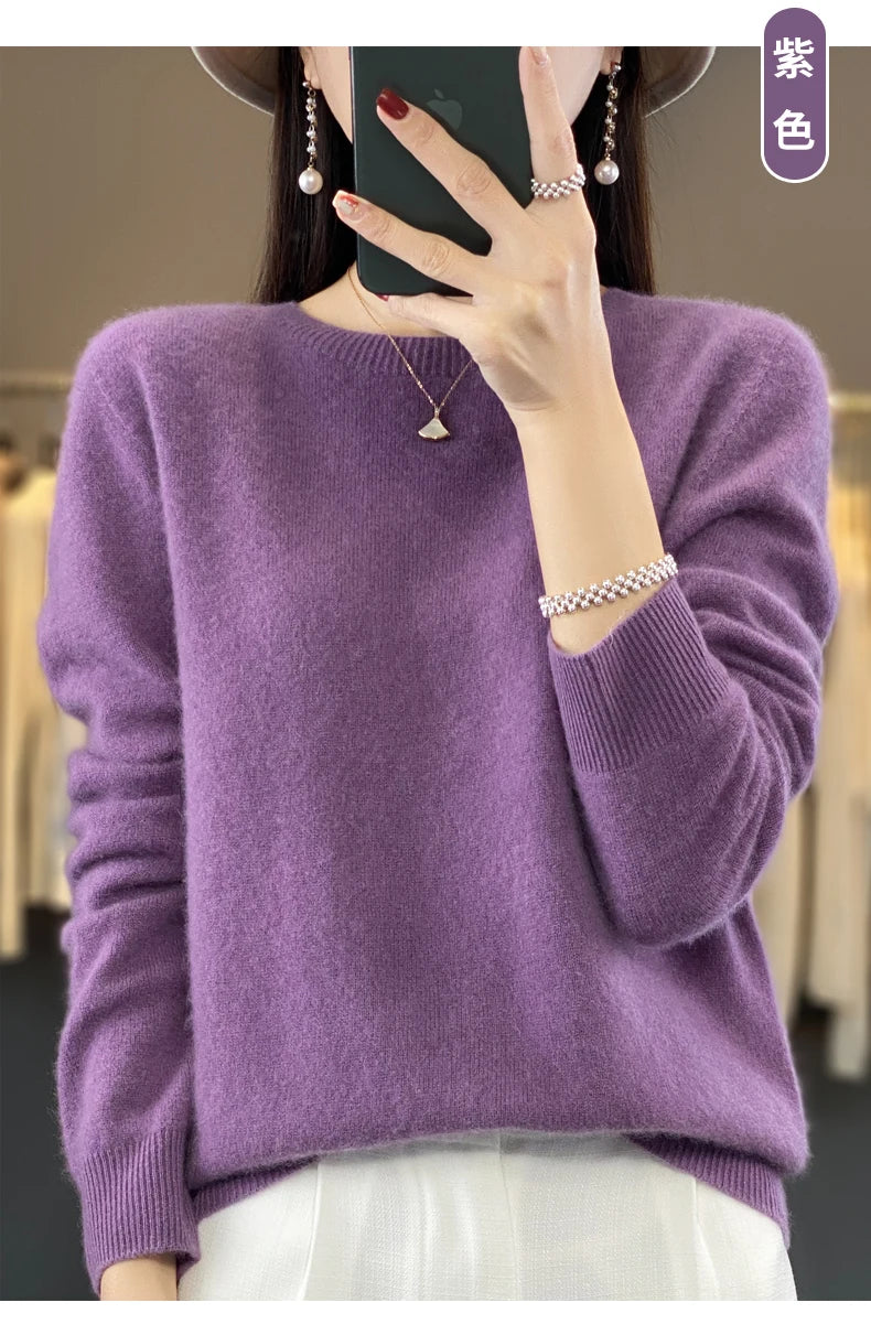 100 % Merinowolle Pullover Damen O-Ausschnitt Kaschmir Strickwaren Female Pullover Herbst Winter Freizeit Oberteile Einfarbig Weiche Kleidung