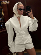 Clacive Fashion Locker Zweiteiler für Damen, Beige, 2025, sexy Langarmshirt mit High-Waist-Shorts, Set, weibliche Streetwear