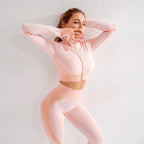 2/3tlg Damen Yoga Anzug Nahtlos Gestrickte Yogahose Leggings Kleidung Reißverschluss Langarm Crop Top Fitnesskleidung Sportbekleidung Gym Set