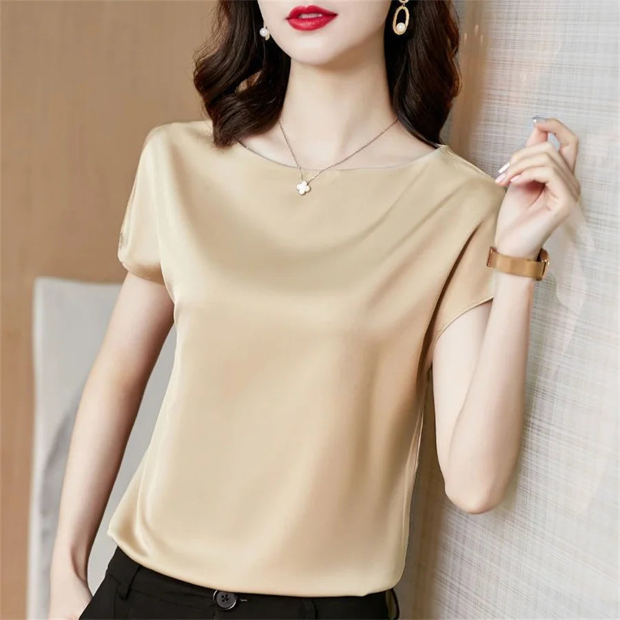 Office Lady Tops Sommer Kurzarm O-Ausschnitt Blusen Satinbluse Damenhemden Einfarbig Schlicht Leger Locker Hemd Blusen DF4904