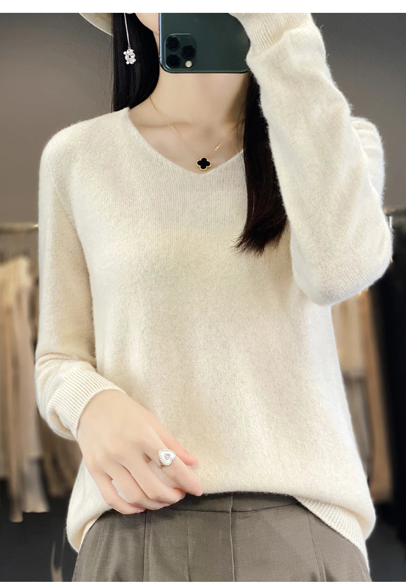 Damen 100% Merinowolle Pullover V-Ausschnitt Basic Pulli Herbst Winter Kaschmir Kleidung Langarm Weiche Strickware Oberteile Unifarben