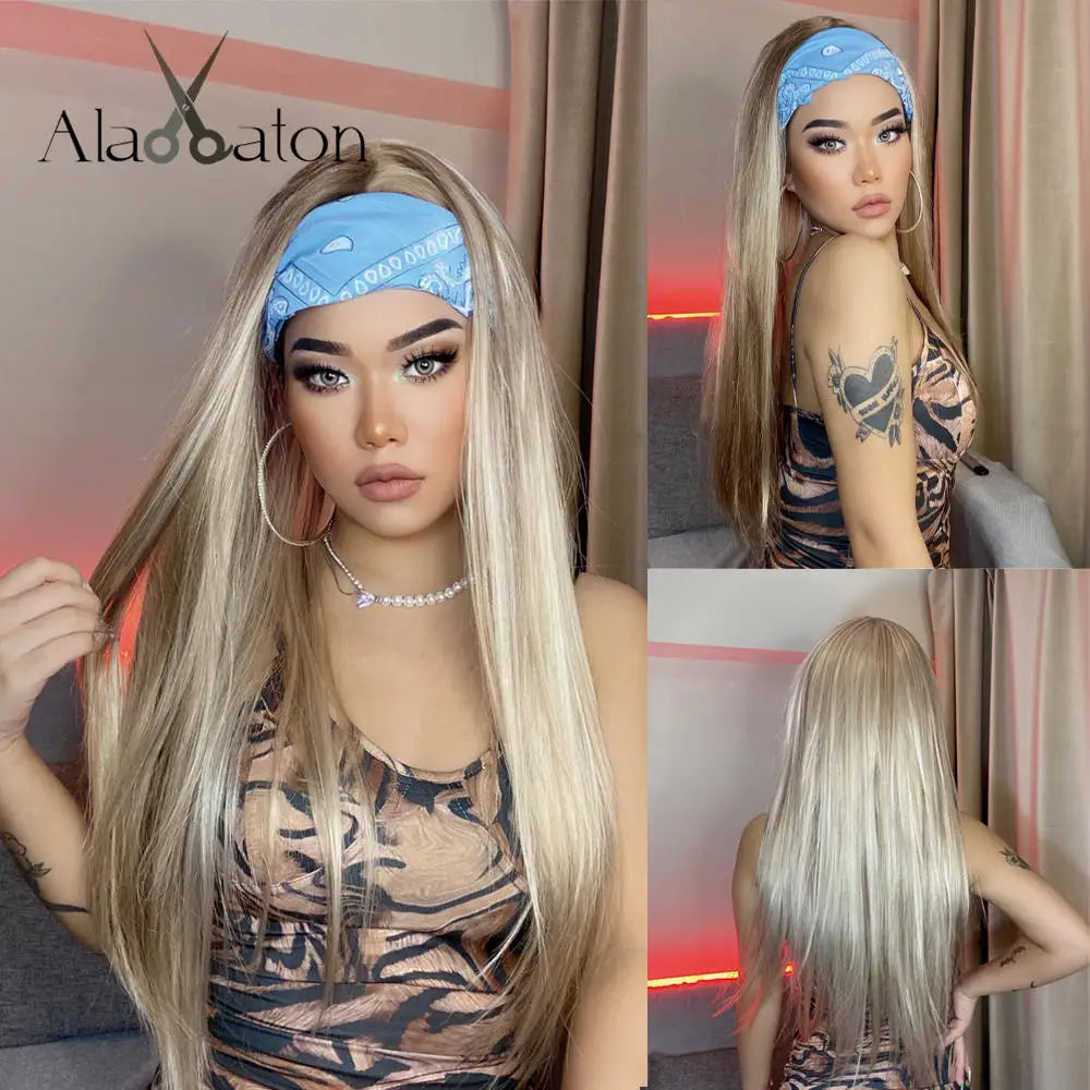 ALAN EATON Lange blonde synthetische Stirnbandperücke Ombre Blond glattes Haar Perücken natürlich aussehend Hitzebeständige Faser für den täglichen Gebrauch
