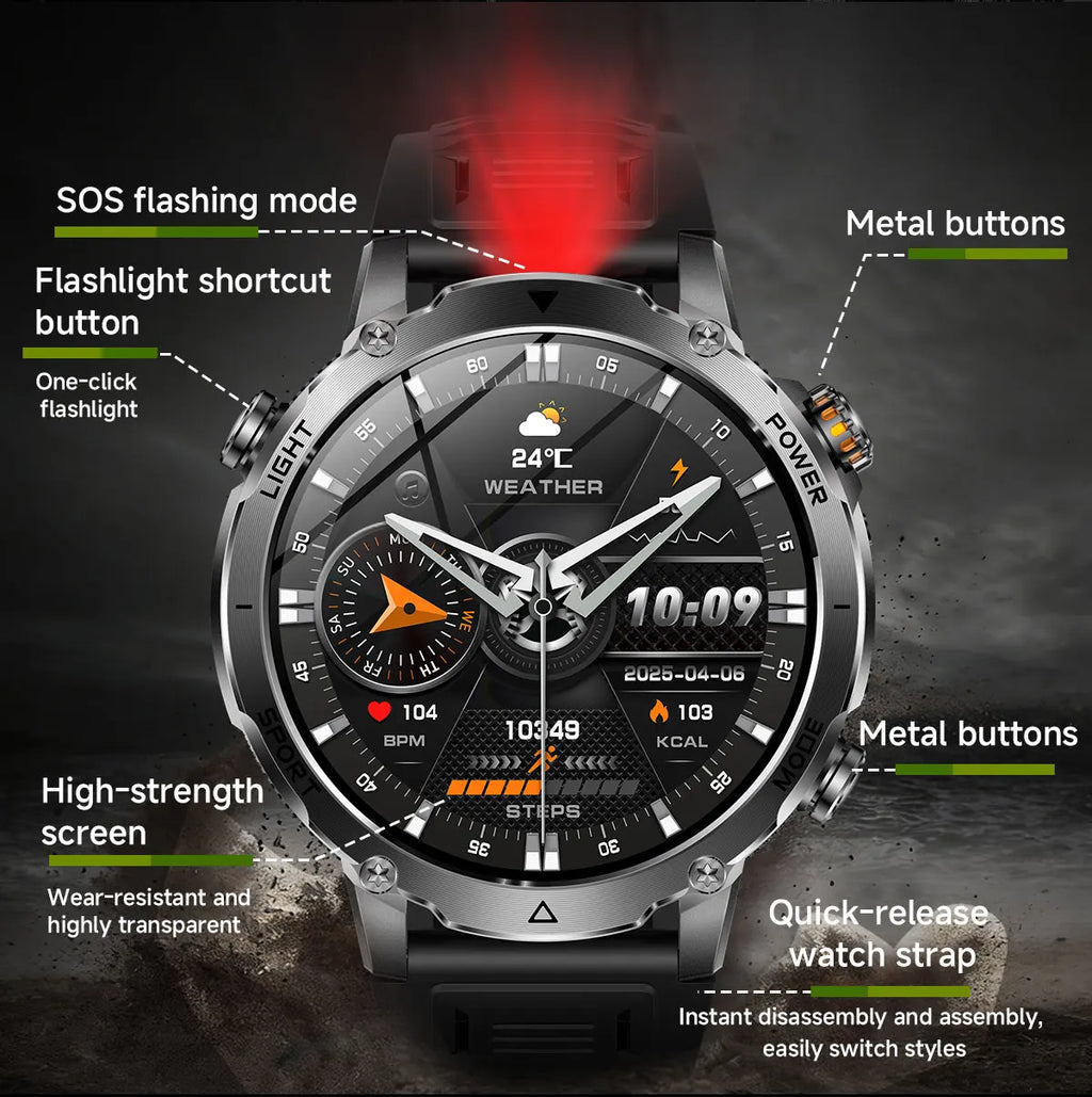 2026 Neue TANK Ultra 1400mAh Akku Militär Smartwatch 10ATM Wasserdicht Herzfrequenz Taktische LED Taschenlampe Herren Sportarmband