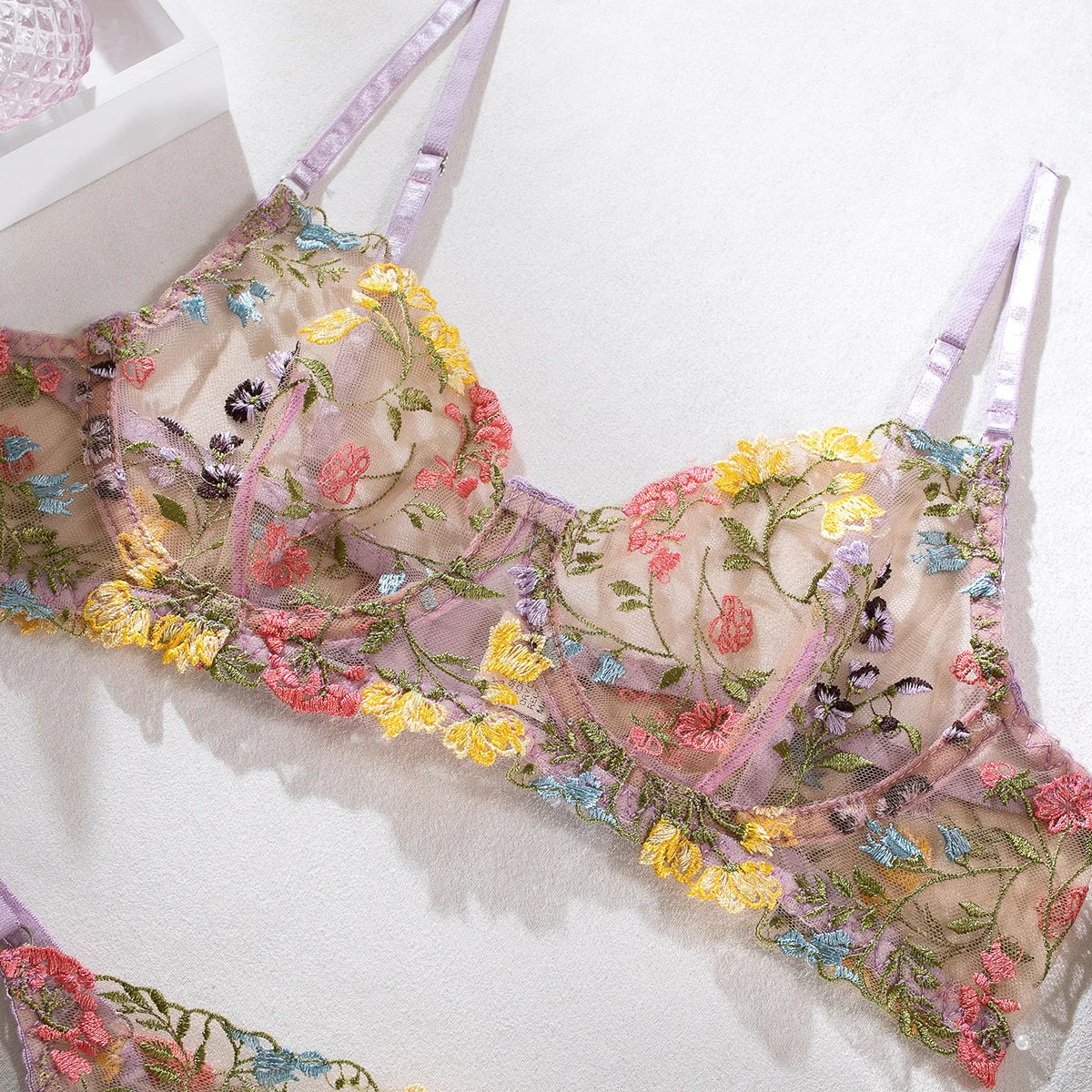Yimunancy Blumenstickerei Dessous-Set Damen transparentes 2-teiliges Boho-BH + Höschen Unterwäsche-Set Intimates