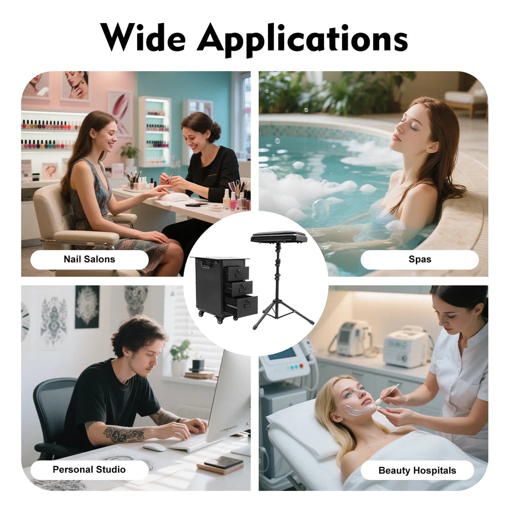 Rollender Make-up-Trolley mit Tattoo-Armlehnenständer, Beauty-Trolley mit 3 Schubladen, 4 Universalrädern und Zahlenschloss