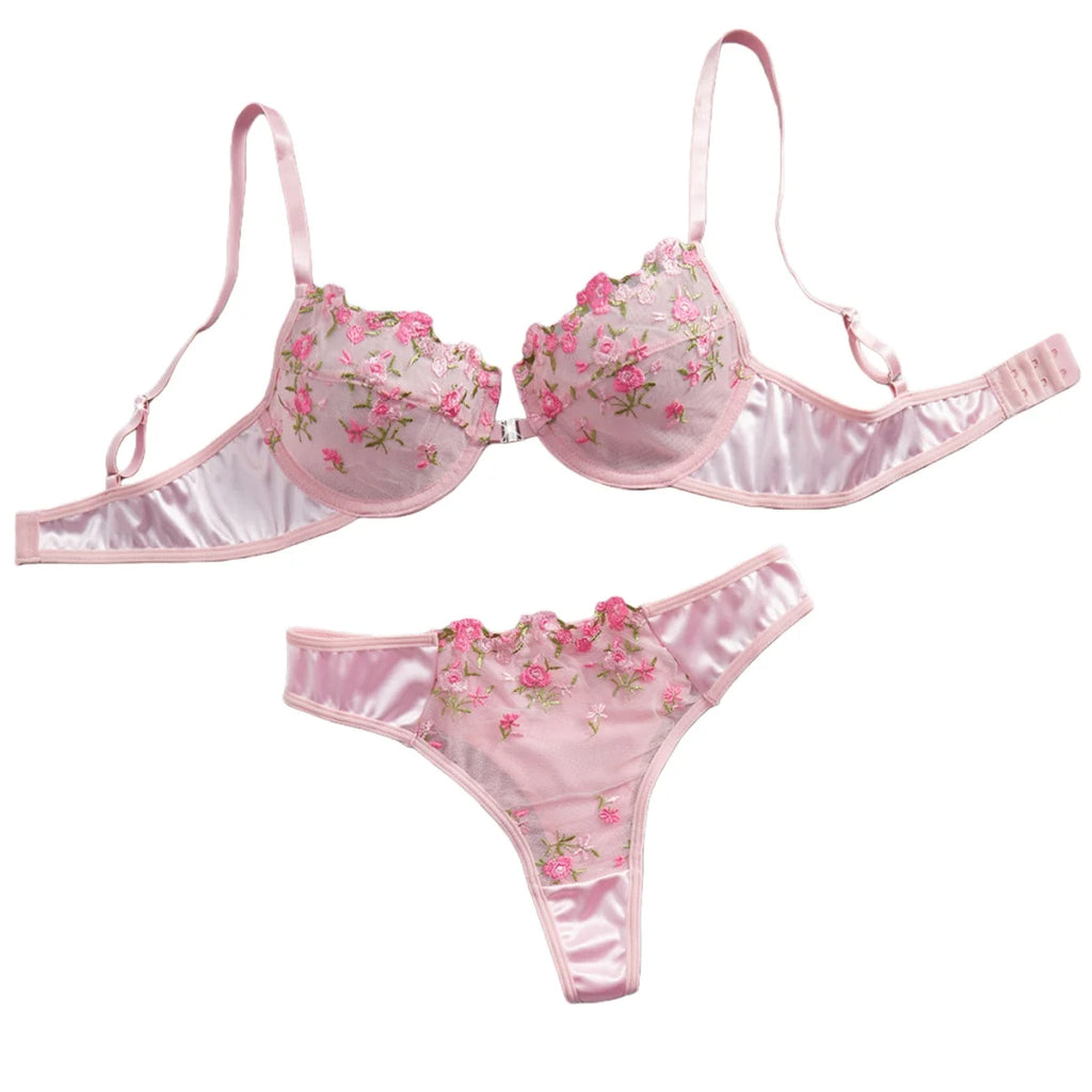 Rosa floral besticktes Dessous-Set 2-teilig mit Bügel, halbtransparent, Verschluss vorne, doppelter Haken hinten, sexy Unterwäsche für romantische Anlässe