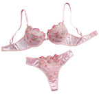 Rosa floral besticktes Dessous-Set 2-teilig mit Bügel, halbtransparent, Verschluss vorne, doppelter Haken hinten, sexy Unterwäsche für romantische Anlässe