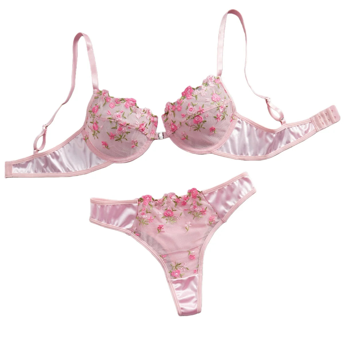 Rosa floral besticktes Dessous-Set 2-teilig mit Bügel, halbtransparent, Verschluss vorne, doppelter Haken hinten, sexy Unterwäsche für romantische Anlässe