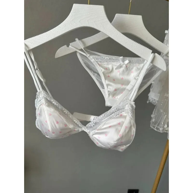 Französischer Stil Süßer Triangel-BH Lingerie Set Damen Satin Spitze Drahtlos Kleiner Busen Raffiniert Dünner Stoff Sexy Weiche Unterwäsche S-XL