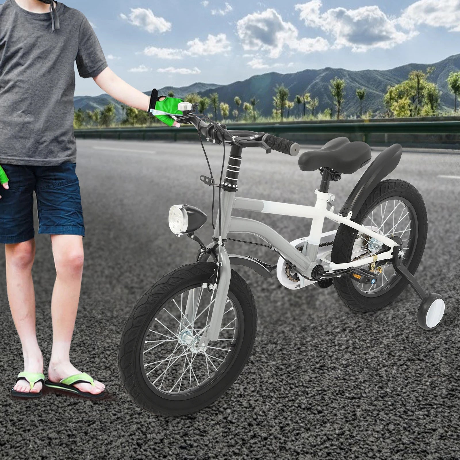 16 Zoll Kinderfahrrad Carbonstahl Mountainbike mit Stützrädern & LED-Licht für 5-8 Jahre, Höhenverstellbar, 60kg