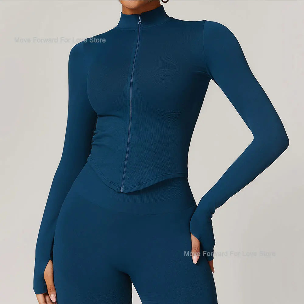 Damen Reißverschluss Crop Sportjacke Langarm Yoga T-Shirt Einfarbig Schnelltrocknend Fitness Top Gym Laufen Workout Sportbekleidung Hauptbild