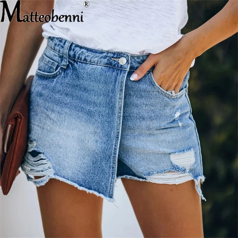 2024 Sommer neue Damen Ripped Repaired Denim Shorts Hohe Taille Bodycon Distressed Hole Bottoms Lässige Taschen Sexy Kurze Jeans