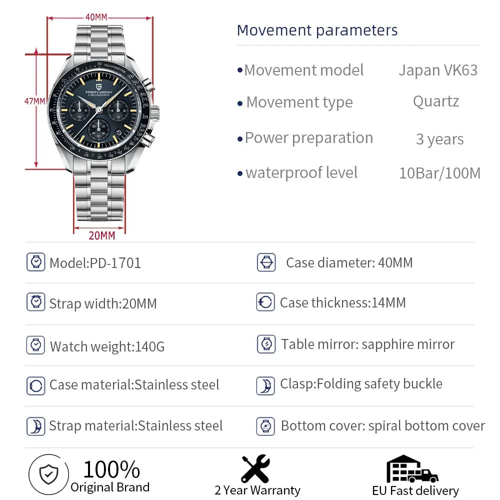 Neue PAGANI DESIGN Moon Men Uhr Retro-Luxus-Quarzuhren für Herren Edelstahl Sport wasserdicht Chronograph Herren+Mit BOX