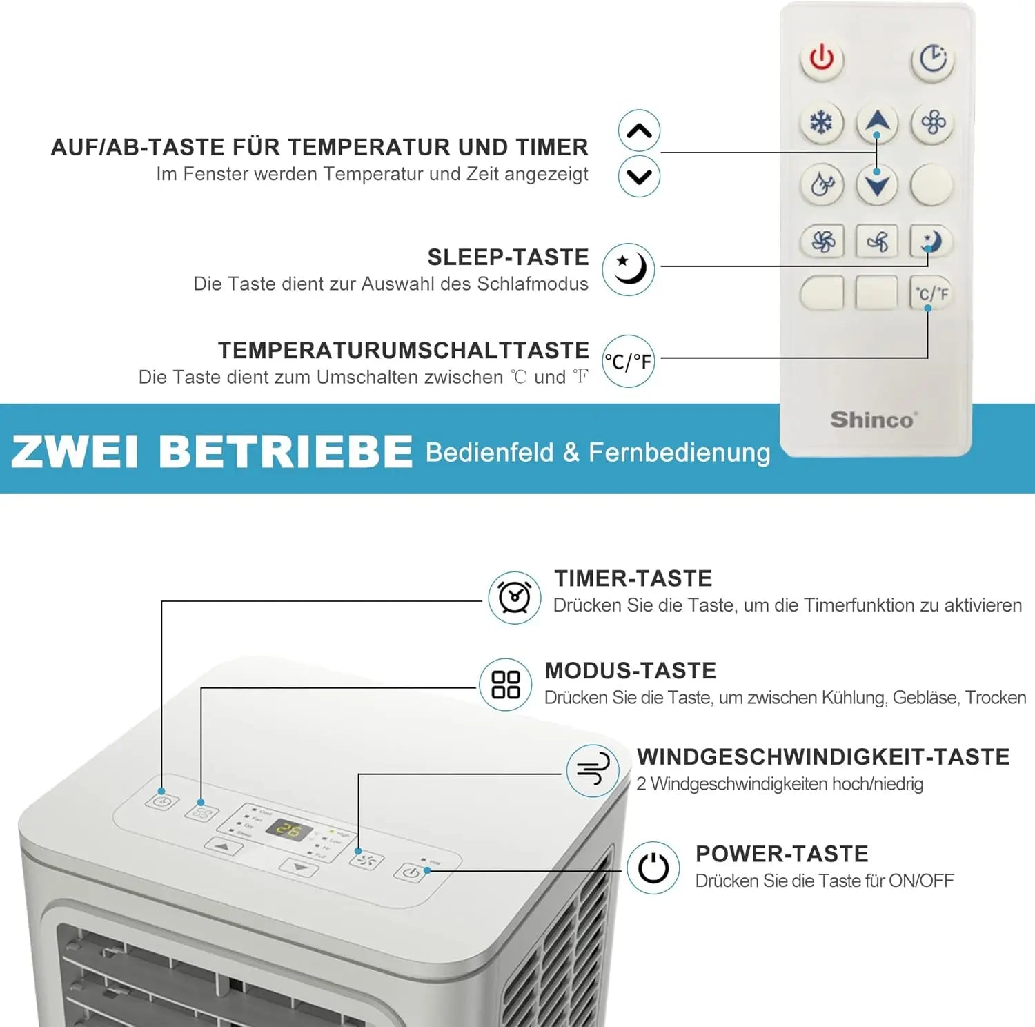 SHINCO 7000 BTU Mobiles Klimagerät (2,05 kW), Kühlen & Ventilieren & Entfeuchten, Raumgröße bis zu 54 m³ (18 ㎡)