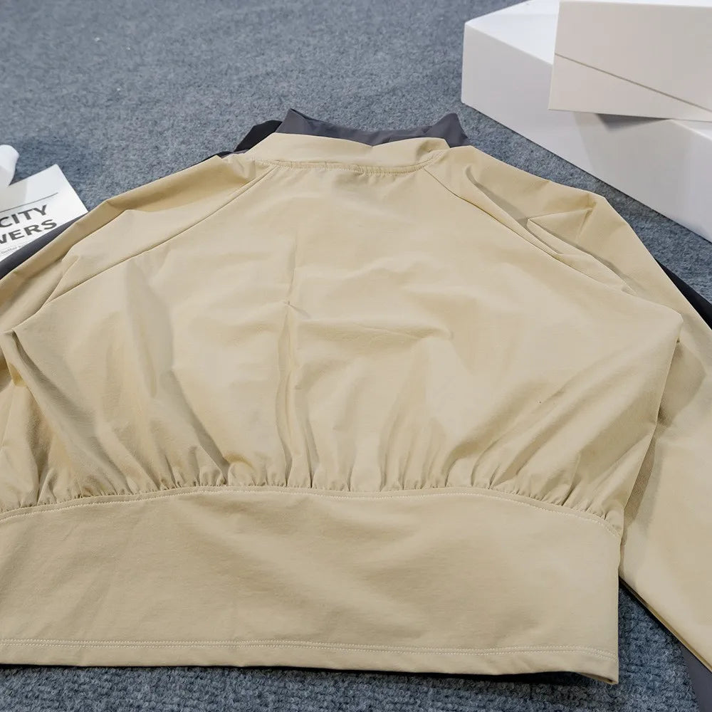 Yoga-Kleidung Amerikanischer Stil Sport Winddichte Stehkragen Sonnenschutzjacke Atmungsaktives Oberteil Outdoor Schnelltrocknend Kurzer Reißverschluss Damen