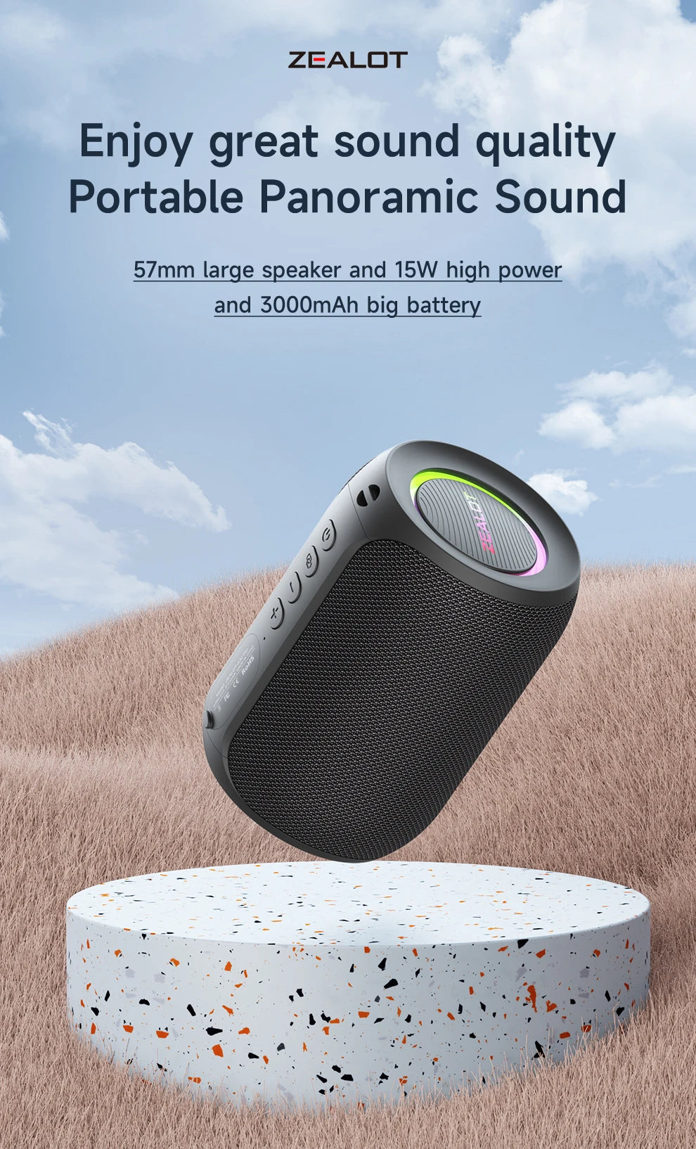 ZEALOT-S32PRO Tragbarer Bluetooth 5.2 Lautsprecher Outdoor Wasserdichter Kabelloser TWS Mini-Säulenlautsprecher Outdoor TF-Karten Boombox