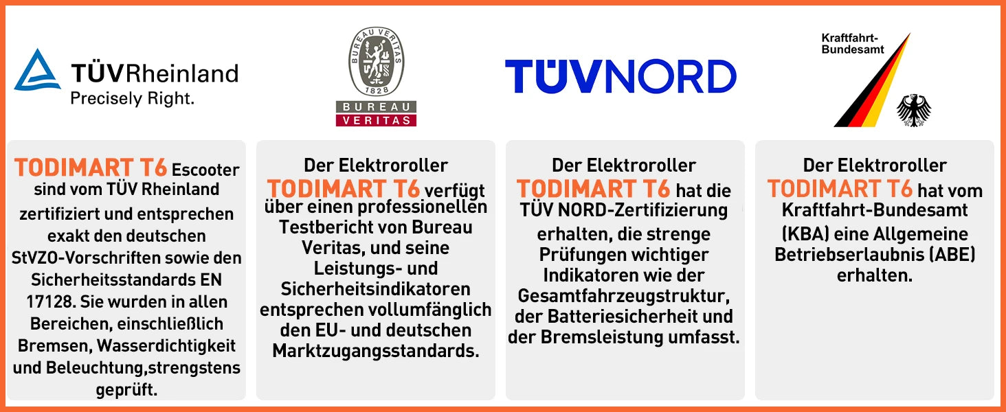 TODIMART T6 ABE E Scooter Mit Straßenzulassung, 30-35 km range, 350-500W brushless motor, dual brakes, and 8.5-inch run-flat tires