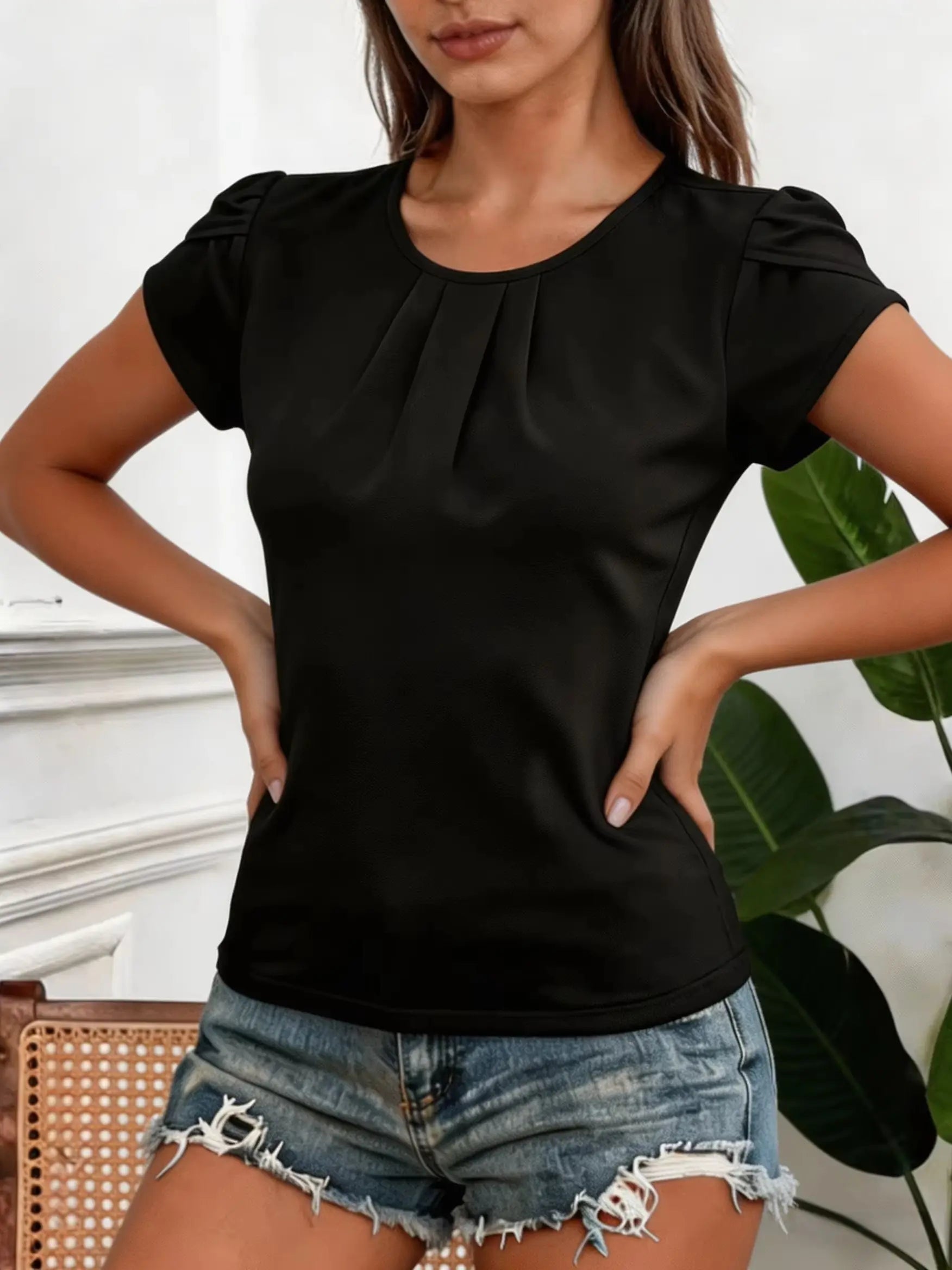 Damen Chiffon Bluse Schwarz Rundhals Plissiert Puffärmel Oberteil Locker Sitzende Lässige Chic Hemden Tops Frühling Sommer Büro Alltagskleidung