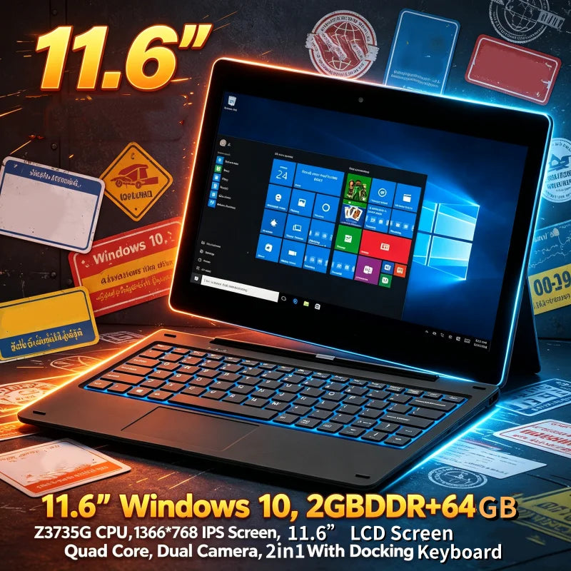11,6" Windows 10 Tablet PC 2GB DDR + 64GB Z3735G CPU 1366*768 IPS-Bildschirm Quad Core G12 Dual-Kamera 2-in-1 mit Docking-Tastatur Zweitbild