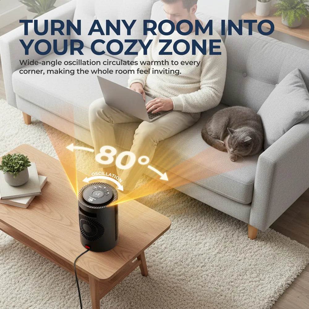 Tragbare elektrische Tischheizung, 80° oszillierend, 1200W PTC-Keramikheizlüfter für Schlafzimmer, Büro, Innenräume, Schwarz