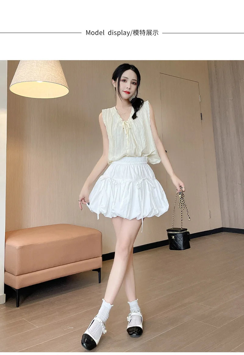 Süße Schleifen Plissierte Flauschige Röcke für Damen Sommer Koreanischer Stil Elastische Taille Laternenrock Damen Lockerer Weißer A-Linien Minirock