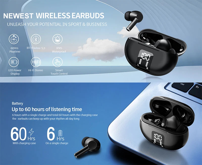 Kabellose Bluetooth 5.3 Kopfhörer 60 Std. Wiedergabezeit LED-Leistungsanzeige Ohrhörer Mikrofon Geräuschunterdrückung Stereo Sound Earphones