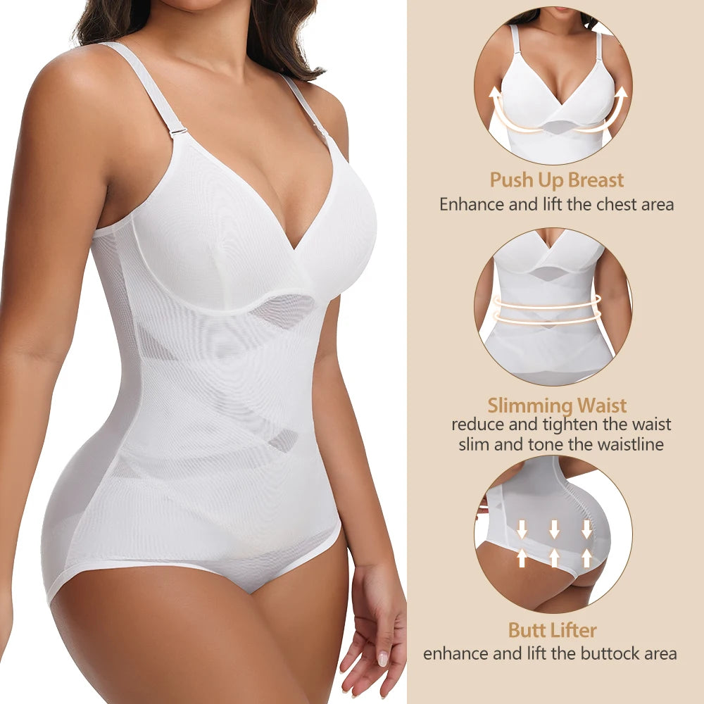 Cross Waist Tummy Control Body Shaping Bodysuit für Damen Ganzkörperkontrolle V-Ausschnitt Mesh Atmungsaktiver Slip Unterwäsche Po-Former