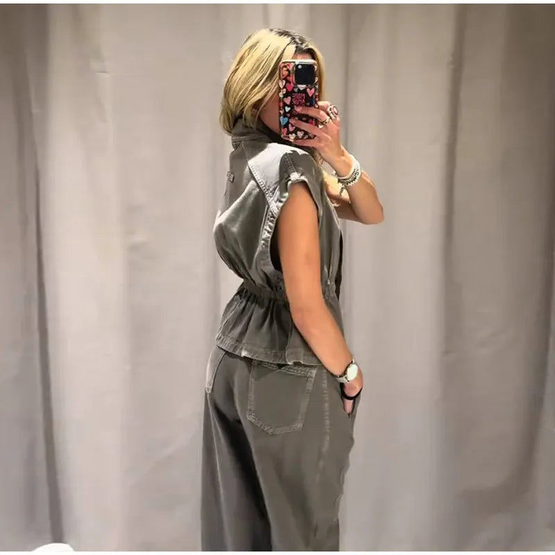 Jeansweste Lockere Lange Hose Damen Set Stehkragen Einreiher Taillierte Oberteile Hohe Taille Hose Schicke Lässige Damen Neue Sets