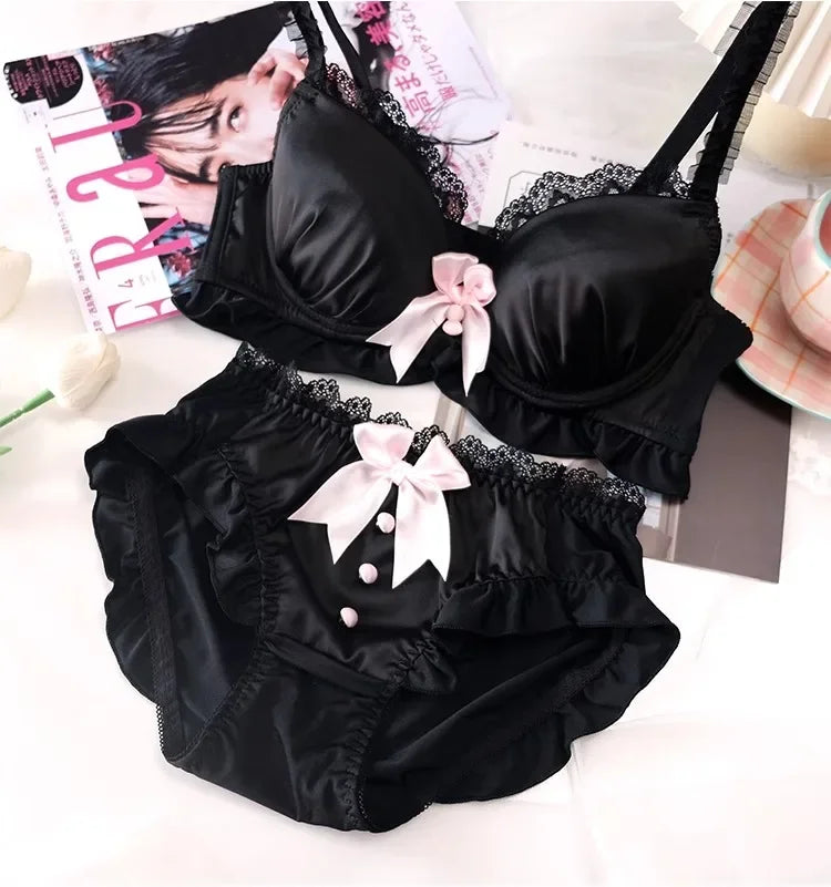 YUQI Kawaii Japanisches Lolita Dessous-Set - Süßer Schleifen-BH-Bezug & Höschen für kleine Brüste, Reiner Sexy Teenager-Mädchen-Charme XS-S Cup BH