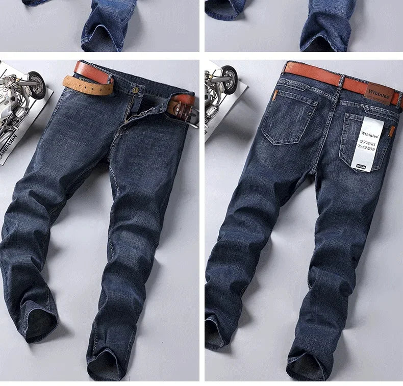 2024 Gerade, normale blaue Stretch-Jeans Frühling Herbst Herren Klassische Jeans Business Fashion Smart Jeans für Herren