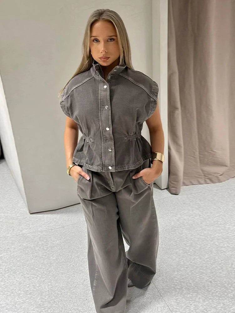 Jeansweste Lockere Lange Hose Damen Set Stehkragen Einreiher Taillierte Oberteile Hohe Taille Hose Schicke Lässige Damen Neue Sets
