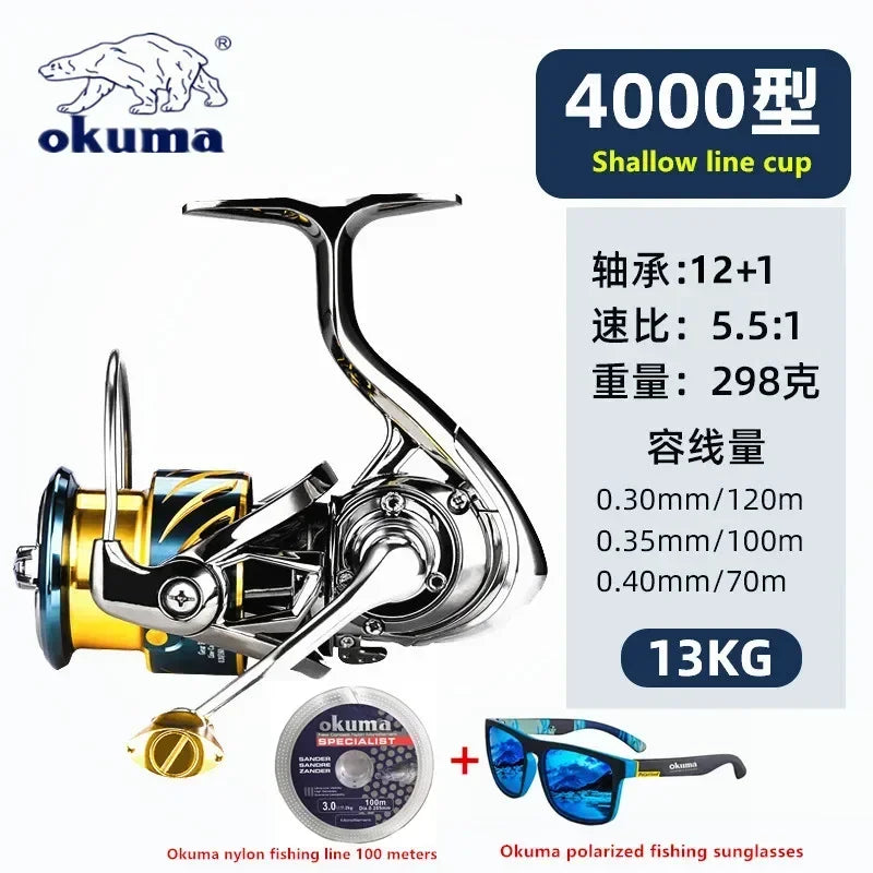 Okuma Ganzmetall-Angelrolle mit flacher Spule 15 kg Korrosionsschutz Salzwasser Spinnrolle 1000-5000