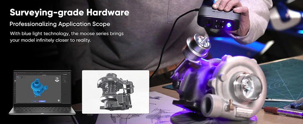 3DMakerpro Moose 3D Scanner, Al Visual Tracking, 0.07mm Resolution, 0.03mm Accuracy, Blue LED Light Source, 24-bit Color Camera, 10fps Frame Rate, Anti-Shake Lenses, Compatible with Windows/MacOS - Premium Version, Marker Fre