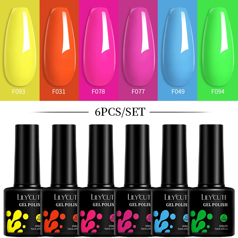 LILYCUTE 7ML 6PCS Neon Gel Nagellack Set fluoreszierend Farbwechsel Semi Permanent Soak Off Maniküre-Kit Nail Art Gel