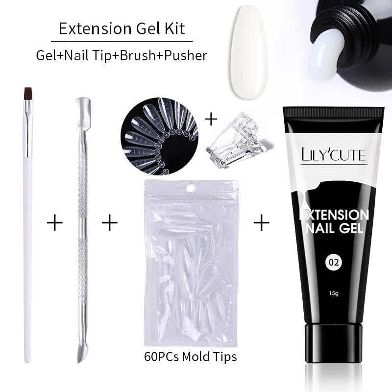 LILYCUTE 15ml Verlängerungsgel-Nagellack-Set Quick Nail Prolong mit Verlängerungsform-Nagelspitzen Acryl-Lösung Maniküre-Werkzeug-Kit