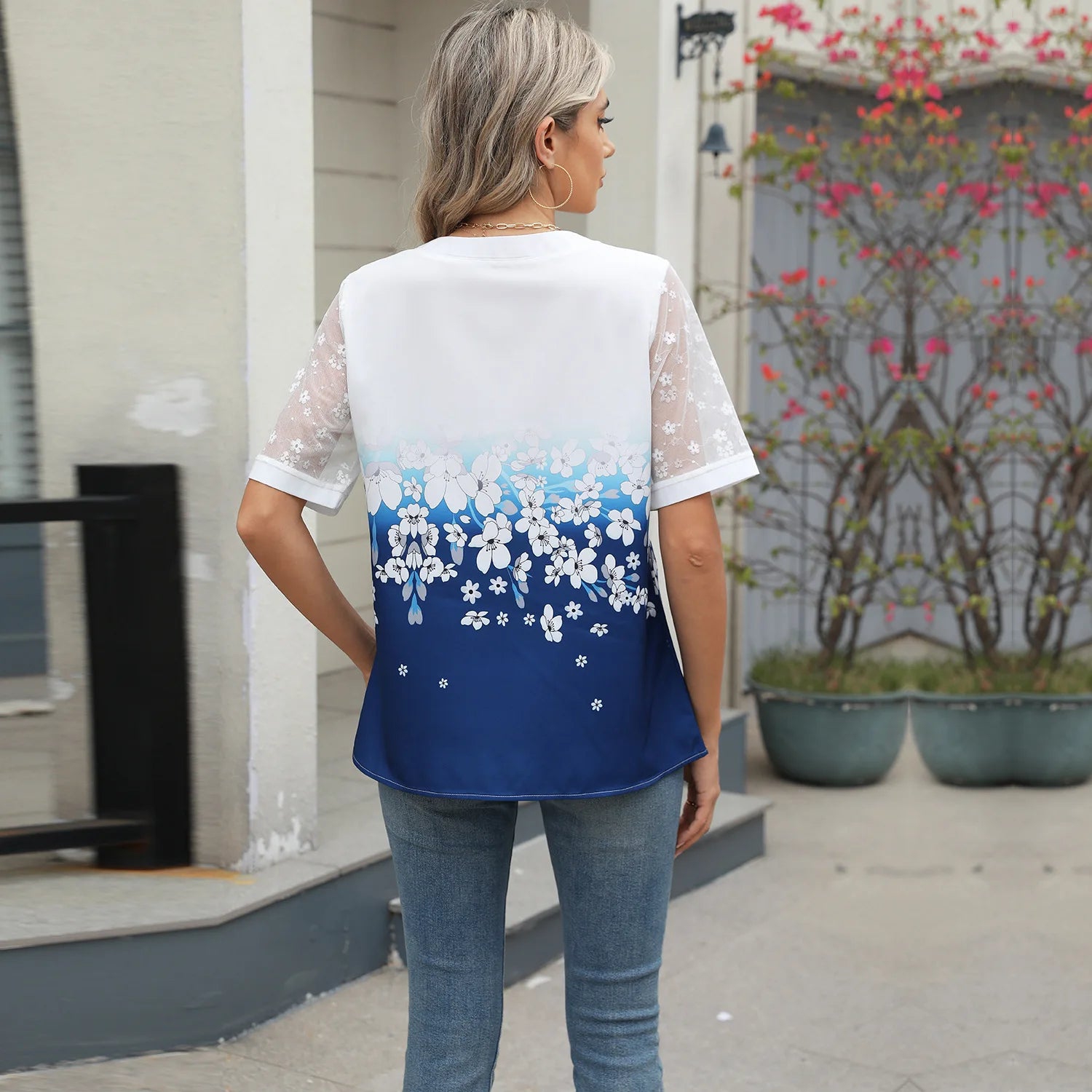 Sommerhemden Damen Spitze Patchwork Kurzarm Bluse Blumendruck Kleidung Mode Street Casual Täglich V-Ausschnitt Knopfleiste Tops 2025