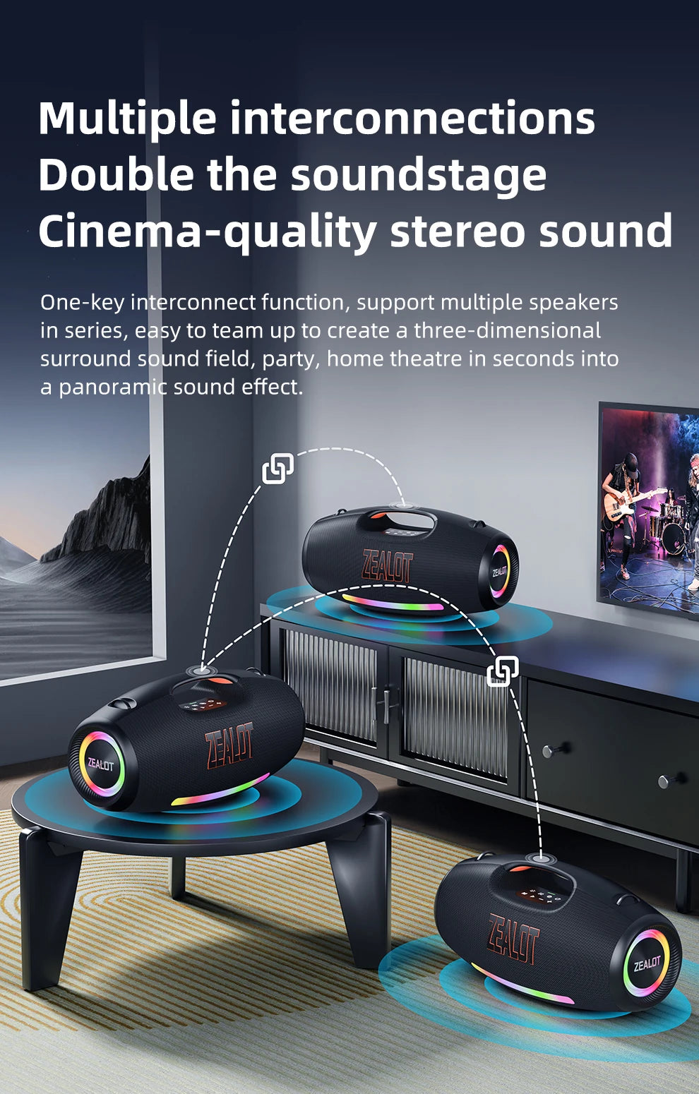 ZEALOT-S89 250W Wasserdichter tragbarer Bluetooth-Lautsprecher, kabelloser Outdoor-Boombox-SubwooferDreifach passive Radiatoren-Tiefer Bass