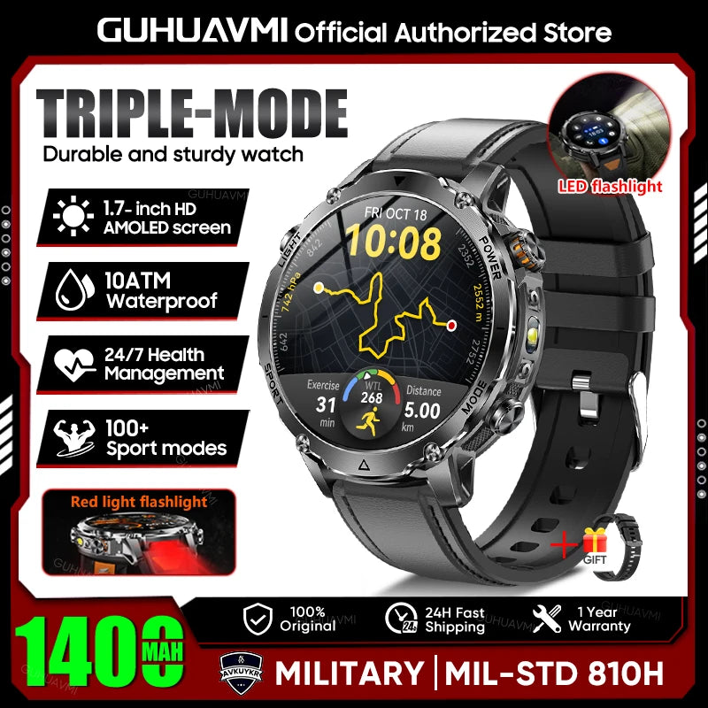 2026 Neue TANK Ultra 1400mAh Akku Militär Smartwatch 10ATM Wasserdicht Herzfrequenz Taktische LED Taschenlampe Herren Sportarmband