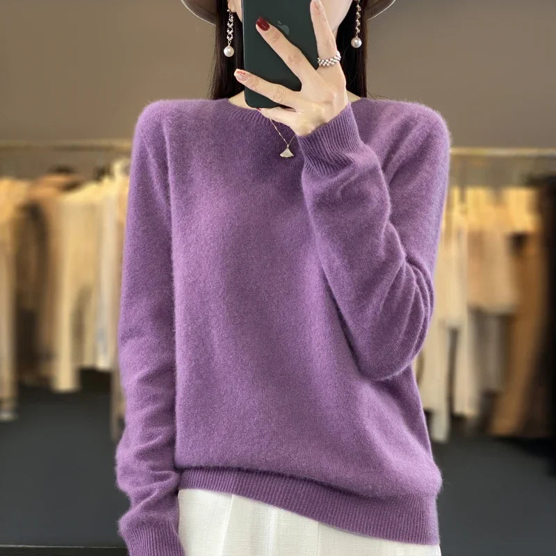 100 % Merinowolle Pullover Damen O-Ausschnitt Kaschmir Strickwaren Female Pullover Herbst Winter Freizeit Oberteile Einfarbig Weiche Kleidung