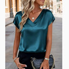Neue Sommer Damen Mode Blusen Lässig Einfarbig Elegant Damen V-Ausschnitt Kurzarm Hemden Trendy Einfaches Lockeres Damen Satin-Oberteil