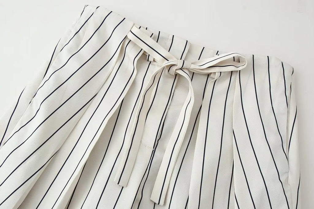 HH Damen Frühling Neue Mode Vintage Vielseitige Beige Gestreifte Puffärmel-Shirt + Hochtaillierte Lockere Plissierte Lässige Lange Hose Set