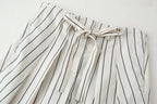 HH Damen Frühling Neue Mode Vintage Vielseitige Beige Gestreifte Puffärmel-Shirt + Hochtaillierte Lockere Plissierte Lässige Lange Hose Set