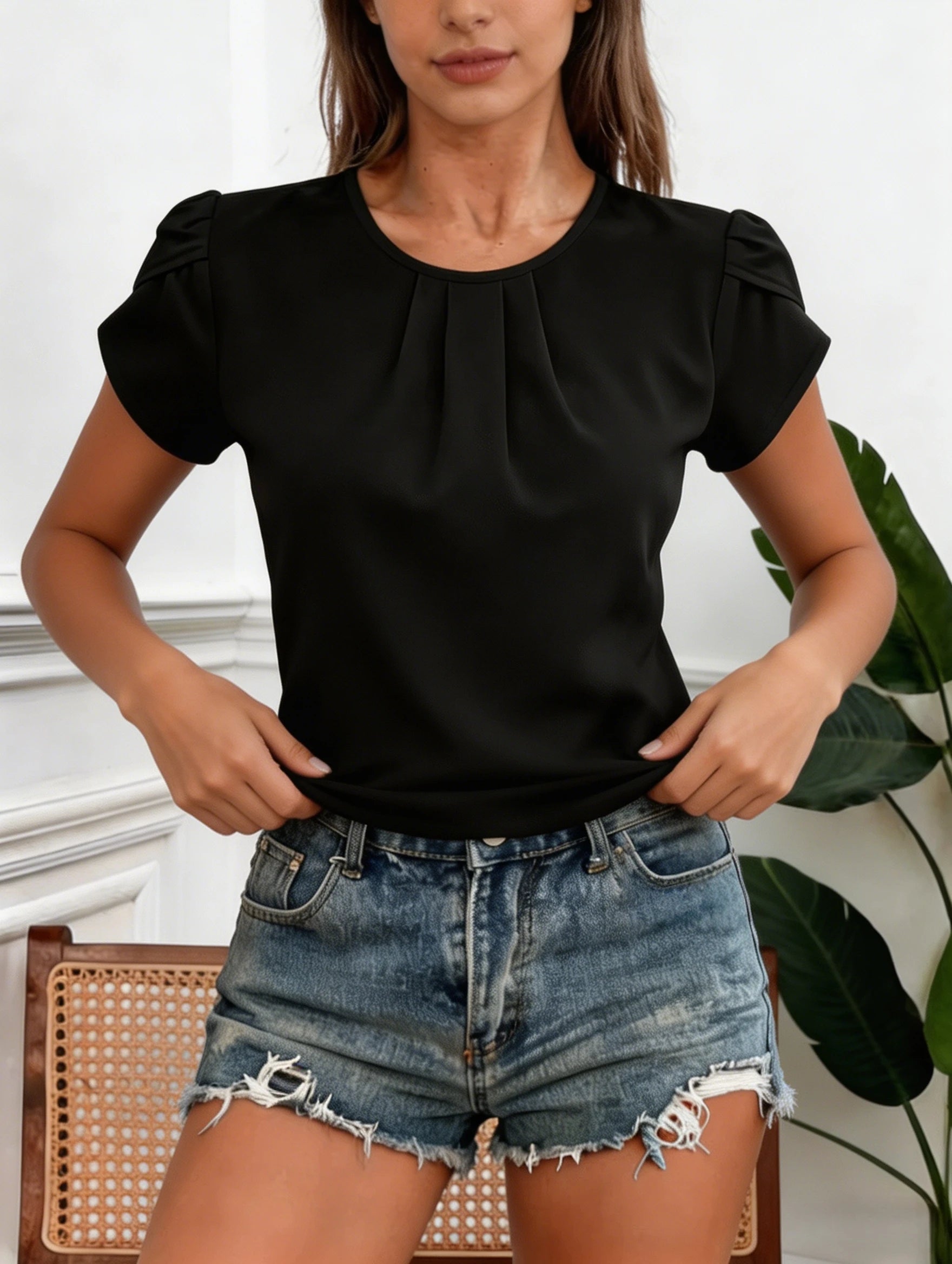 Damen Chiffon Bluse Schwarz Rundhals Plissiert Puffärmel Oberteil Locker Sitzende Lässige Chic Hemden Tops Frühling Sommer Büro Alltagskleidung