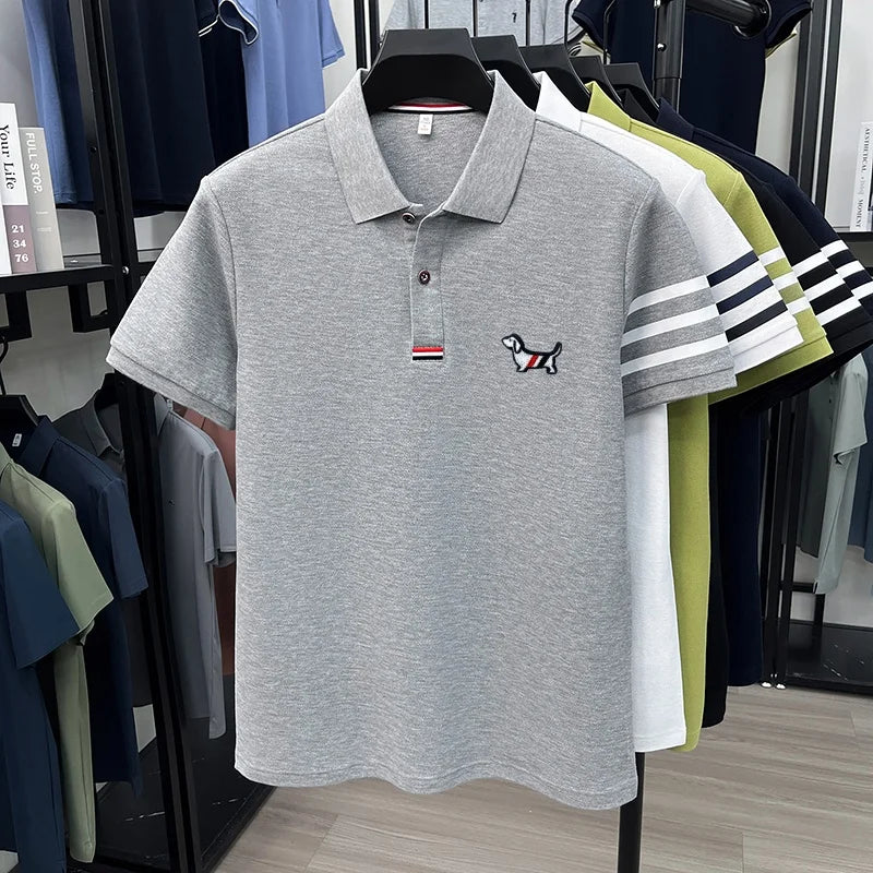 Luxusmarke Herren hochwertiges Kurzarm-Poloshirt Revers Stickerei Welpe Manschette Streifen T-Shirt Business Freizeit Herrenbekleidung