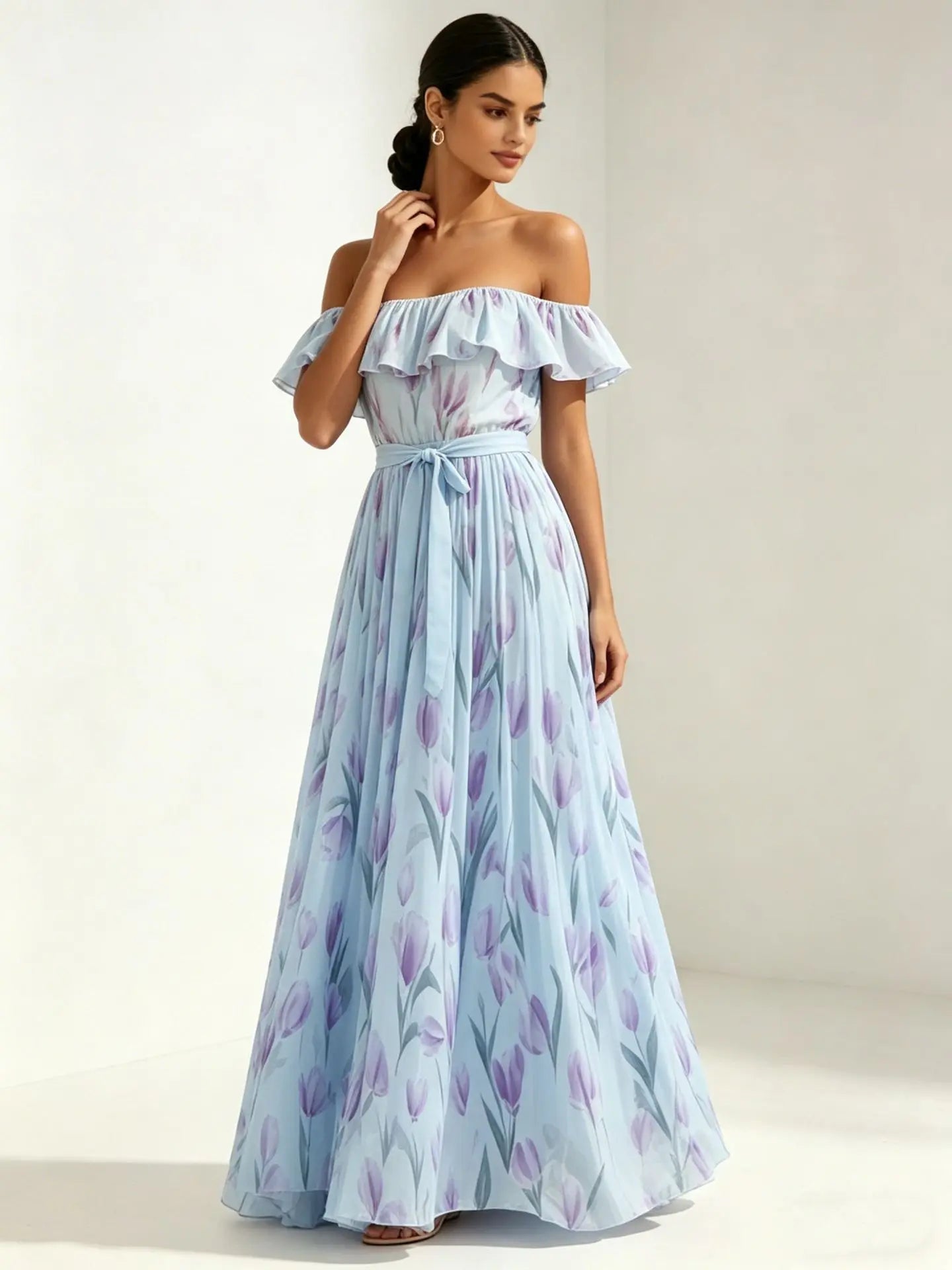 2026 Sommer schulterfreies Kleid mit Tulpenprint in großen Größen, schlankmachend, mit eckigem Ausschnitt und Maxilänge