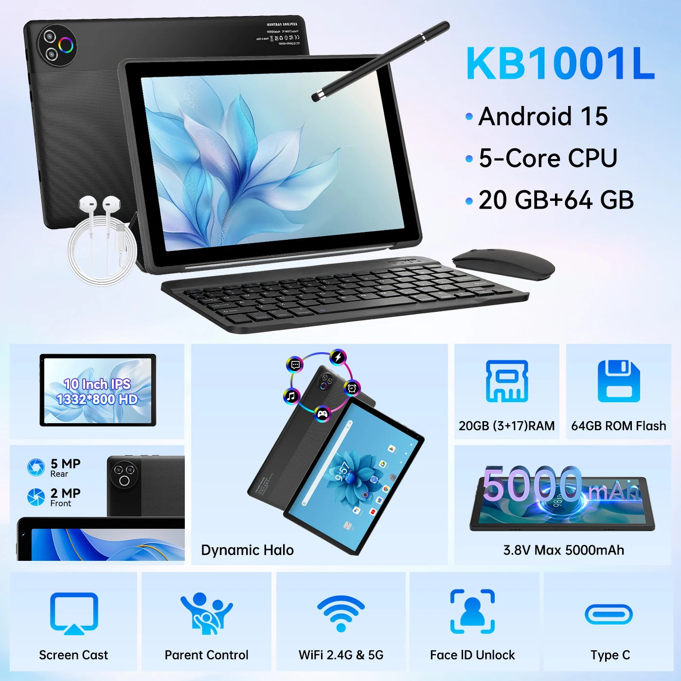 URAO Android 15 Tablet 10,1 Zoll 20GB RAM 64GB ROM 5-Kern Dual Kamera Tablets PC Set Tastatur/Hülle/Maus/Stylus/Kopfhörer