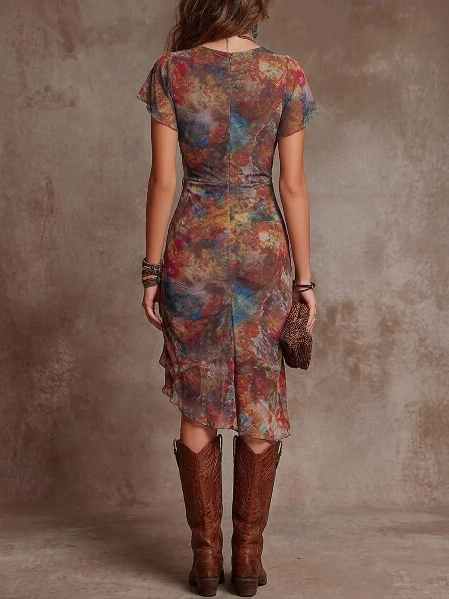 2026 Sexy tief ausgeschnittenes bedrucktes Spitzenkleid für Damen mit kurzen Ärmeln, Sommer, neue Mode, schlankes Rüschen-Abendkleid, kurzes Kleid