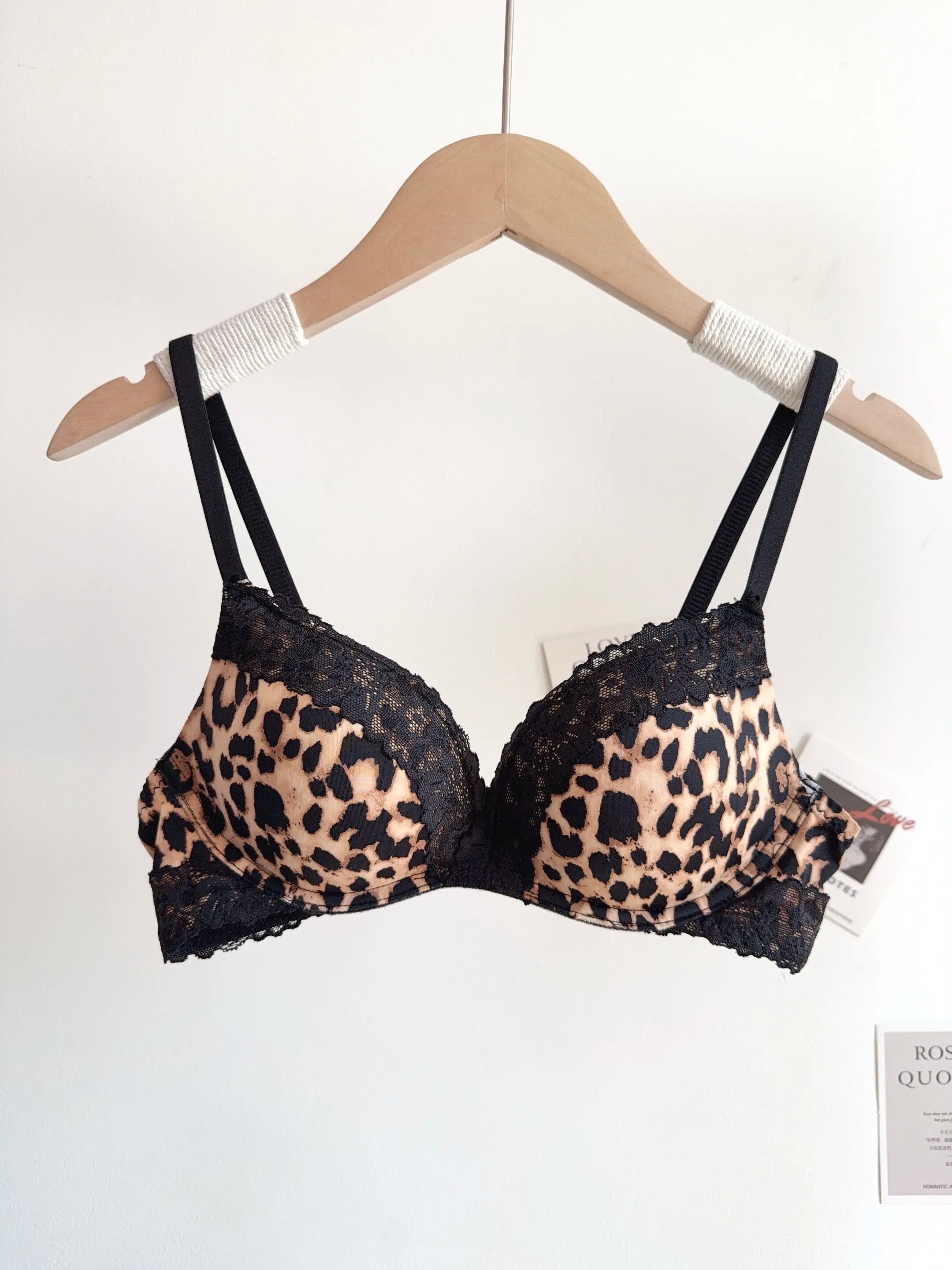 Sexy Leopard-Print-Dessous-Set für Damen, kabellos, unsichtbarer Push-Up für kleine Brüste, verstellbares A-bis-C-Körbchen, transparenter, reiner Spitzen-Look, S-XL