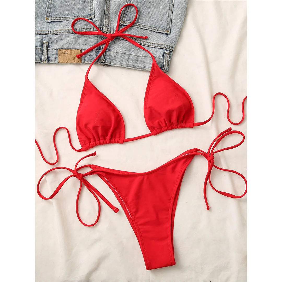 7 Farben Neckholder Brasilianischer Bikini Damen Bademode Weiblicher Badeanzug Zweiteiliges Bikini-Set Gepolsterter Badeanzug Damen V3536